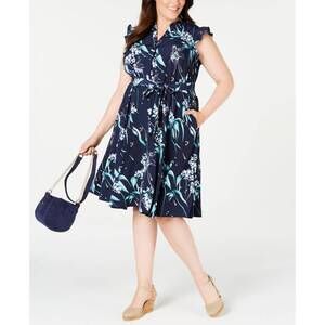 NEW CHARTER CLUB LUXURY printed ruffle sleeve shirtdress - plus in intrepid blue
